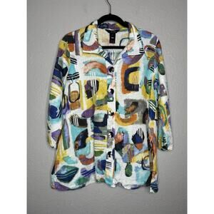 Ali Miles Linen Blend Button Tunic Top Artsy Geometric Colorful Size Medium